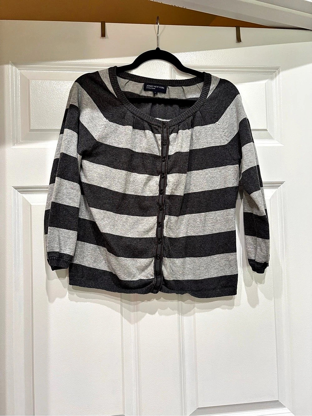 Jones New York Signature Striped Cardigan in Gray & Black Like New